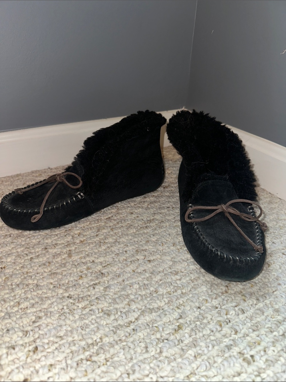 UGG Black Suede Shearling Moccasin Slippers